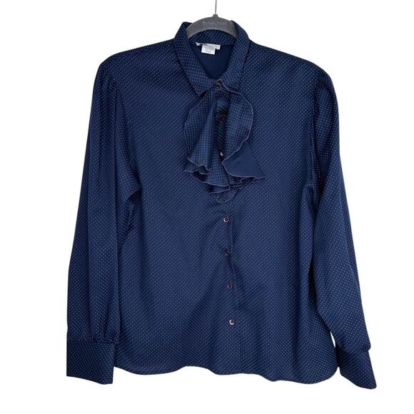 Levi Strauss Button Down Blouse Blue with White Polka Dots Dark Academia Size L - Picture 1 of 12